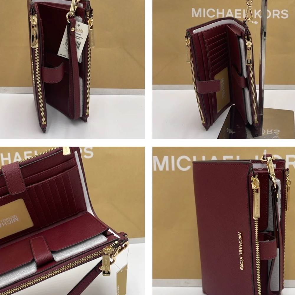 MICHAEL KORS LG DOUBLE ZIP WRISTLET DARK CHERRY MERLOT MULBERRY PHONE HOLDER NWT - Picture 15 of 16